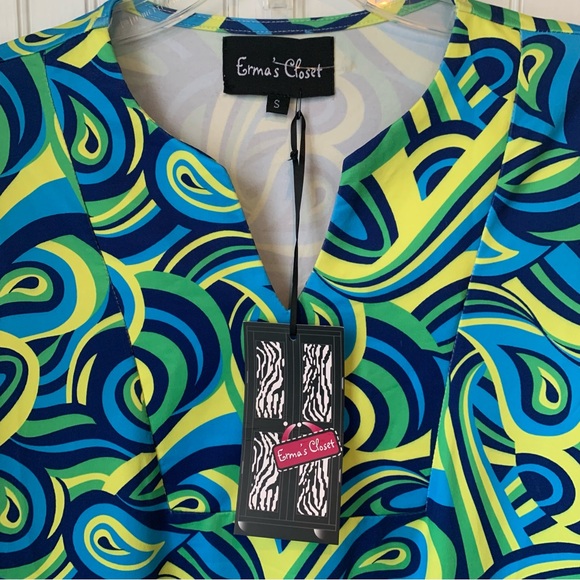Erma’s Closet (NWT) (S) Dress, V-Neck, Royal Blue, Green & Yellow Fun Pattern - Picture 4 of 6
